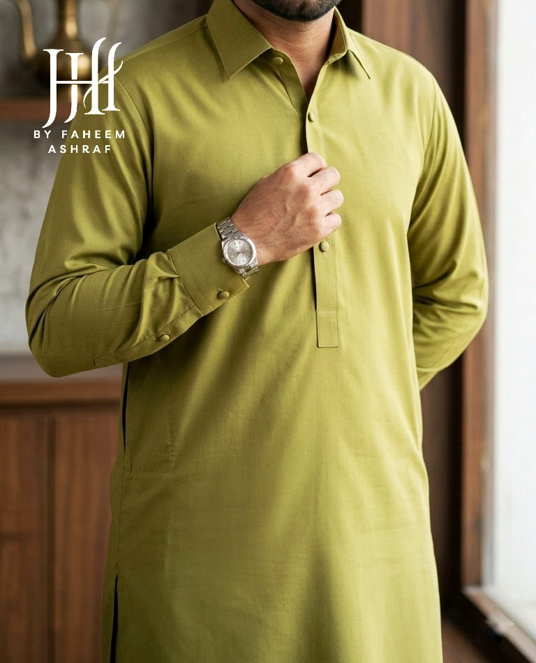 H&H Soft Cotton 41-Collection – Unstitched Suit for Men – Olive Green (5 Meters)