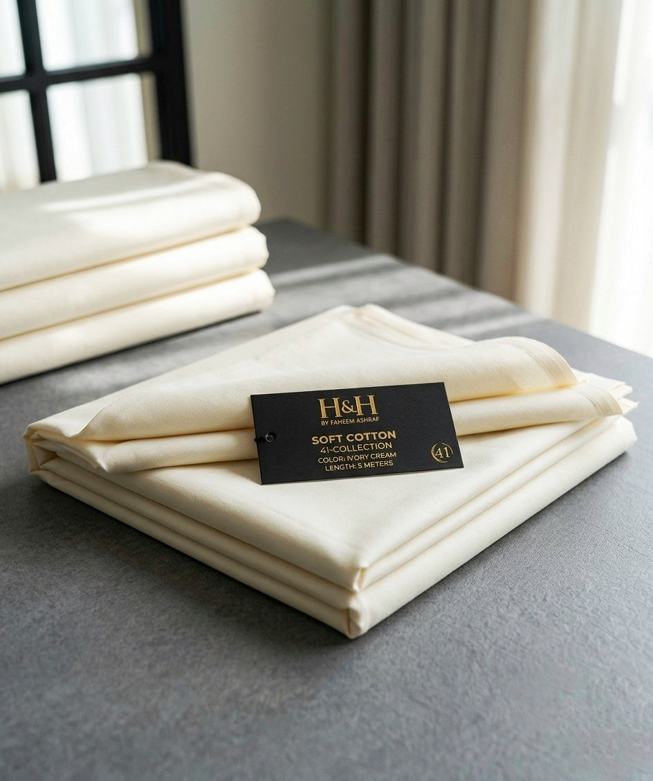 H&H Soft Cotton 41-Collection – Unstitched Suit for Men – Ivory Cream (5 Meters)